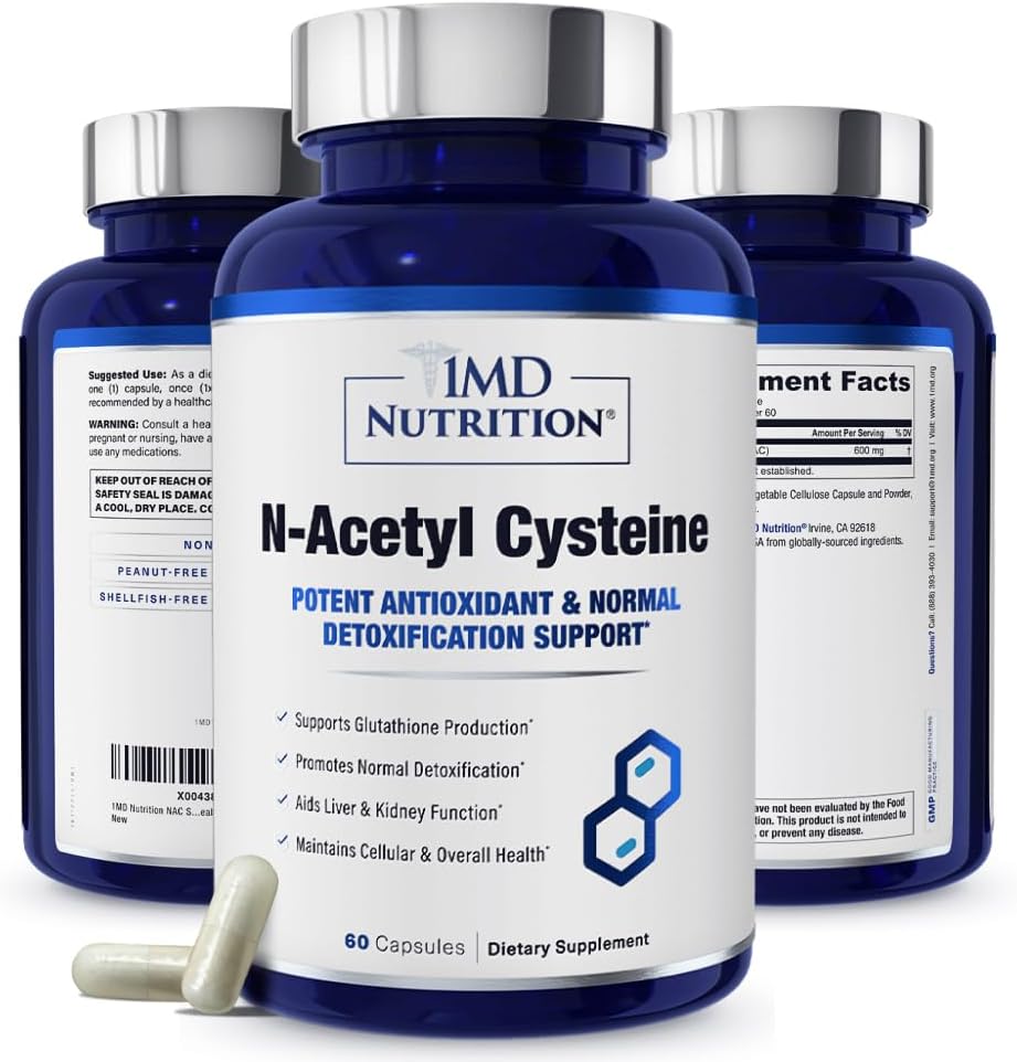 1MD Nutrition NAC Supplement N-Acetyl Cysteine - NAC 600 mg - Antioxidant Supports Detox and Glutatione Production - N Acetylcysteín Respiratory Supplement od Lung Health - 60 Kapsule