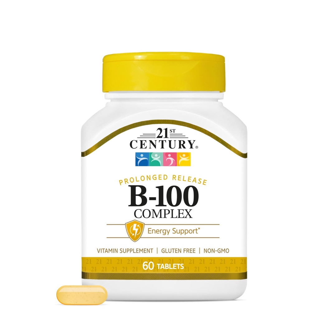 21st Century B- 100 Complex Tablety s predĺženým uvoľňovaním, 60 grófov (Pack of 1), komplex s vysokým obsahom vitamínu B pre nervový systém, podpora energie, obsahuje vitamín B1, B2, B6, biotín a vápnik