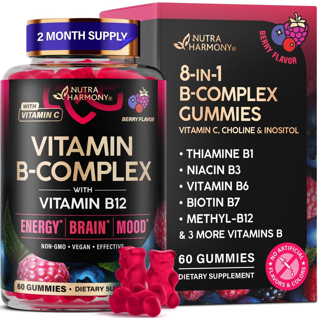 Vitamín B-komplexné guličky pre ženy a mužov - vitamín B12, B1, B2, B3, B5, B6, B7 a B9 - B komplex s vitamínom C a cholínom - energia, mozog a nálada - prírodný Berry Flavor, Vegan - 60 Gummies po dobu 2 mesiacov