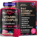 Vitamín B-komplexné guličky pre ženy a mužov - vitamín B12, B1, B2, B3, B5, B6, B7 a B9 - B komplex s vitamínom C a cholínom - energia, mozog a nálada - prírodný Berry Flavor, Vegan - 60 Gummies po dobu 2 mesiacov