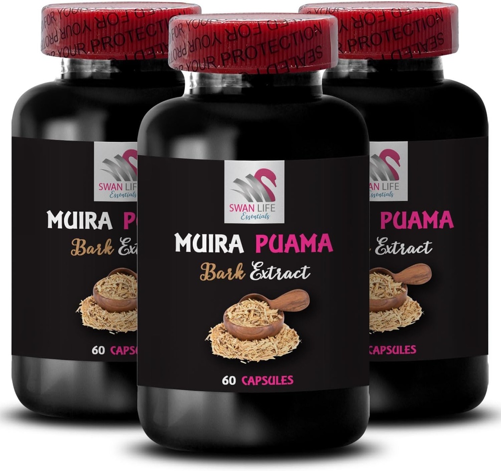Botanická vitalita - Muira PUAMA BARK extrakt - bylinný pohon, energie dobitie, Plant-Na základe sily, Aktívna podpora, Focus Boost, Natural Power, Energizing Lift 3 Fľaše 180 Kapsule