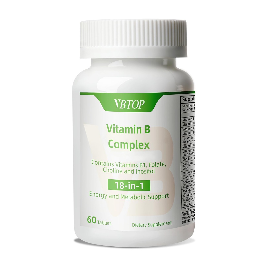 Vitamín B komplex, s vitamínmi B1, B2, B3, B5, B6, B12, kyselina listová, cholín, zinok, vápnik, inozitol, pre zdravie mozgu a srdca, Imunitné zdravie a podpora energie buniek, 60 tabliet