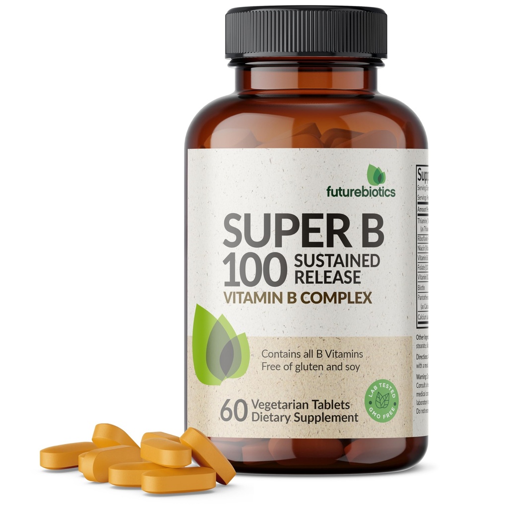 Futurebiotiká Super B 100 Trvalé uvoľňovanie vitamín B komplexu Non- GMO, 60 Vegetariánske tablety