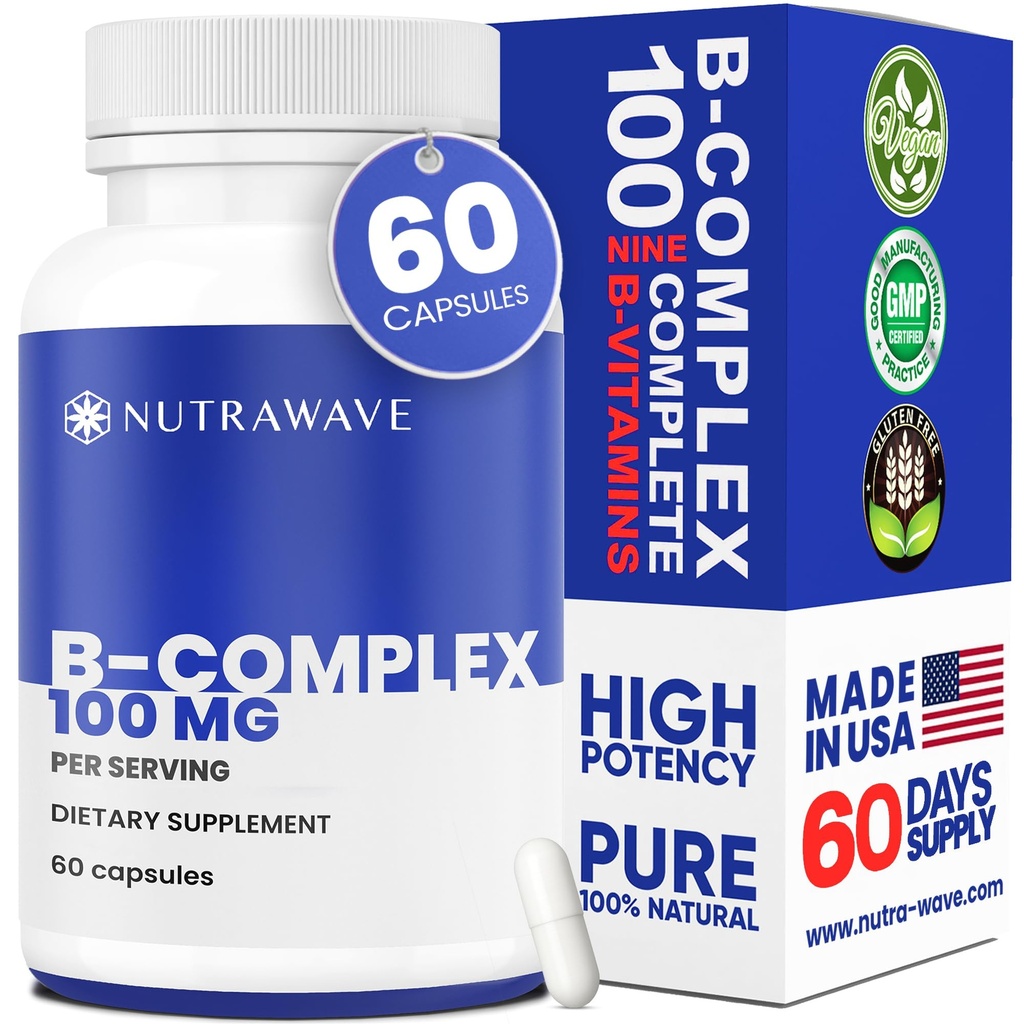 Nutrawave Vitamin B Complex – Super B-100 Vitamins Supplement for Women & Men with B1, B2, B3, B5, B6, B7, B9, B12, Choline & Inositol – Supports Energy & Nervous System – Non-GMO, Vegan – 60 Capsules