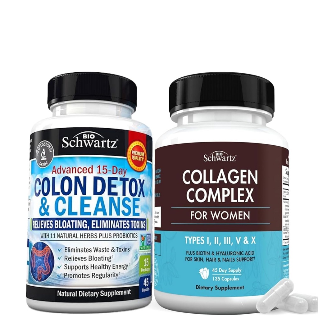 BioSchwartz 15 dní Čistenie pre Colon a Gut Health Plus Hydrolyzed Collagen Peptide Kapsule (45 dní dodávky)