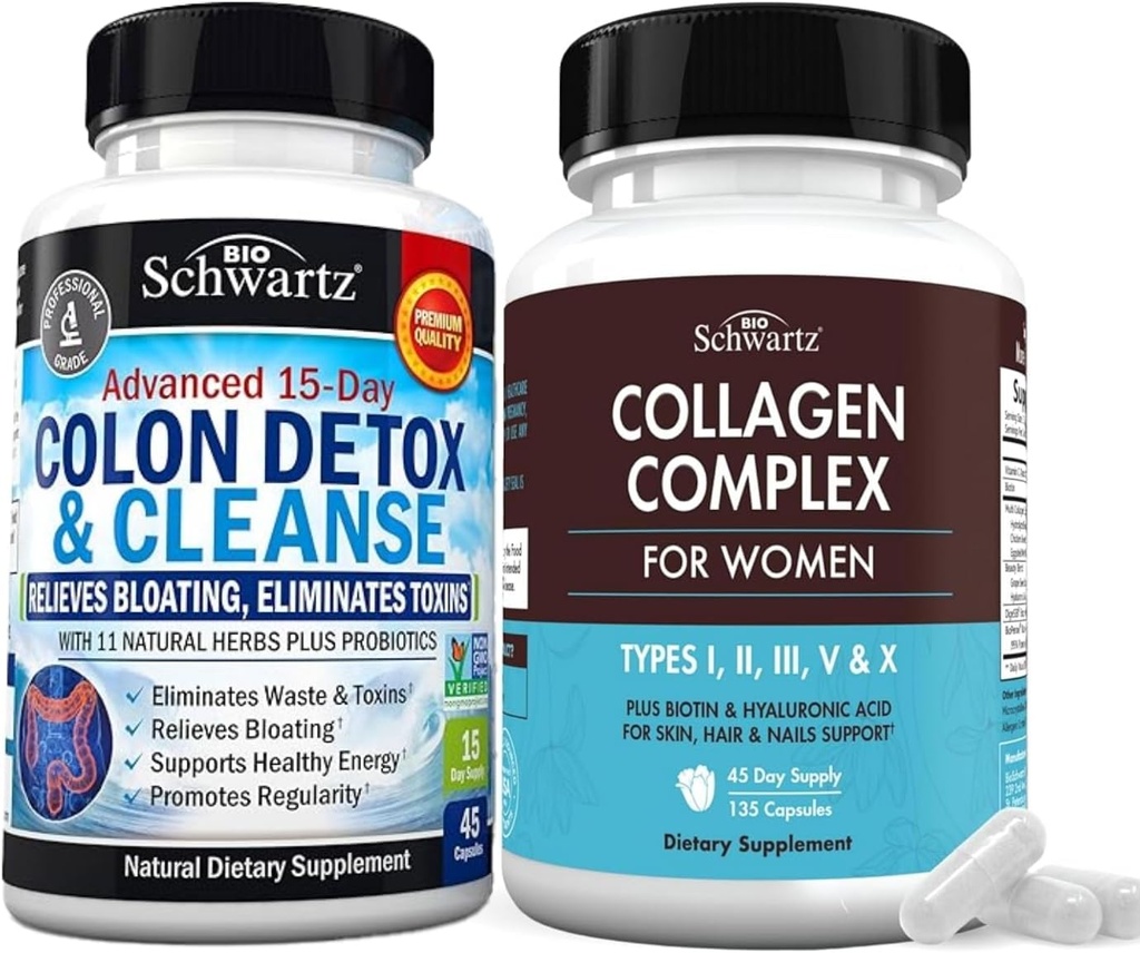 BioSchwartz 15 dní Čistenie pre Colon a Gut Health Plus Hydrolyzed Collagen Peptide Kapsule (45 dní dodávky)