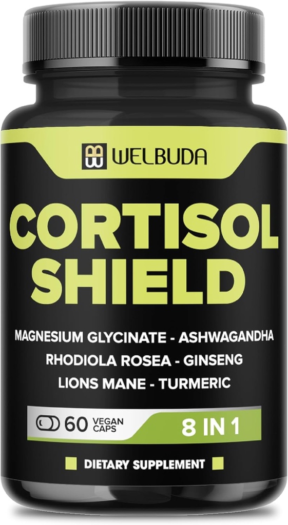 8in1 Cortisol Shield - Ashwagandha a horčík, Rhodiola Rosea, Lions Mane, Gingsen, a 3 Ďalšie - Relaxácia a odpočinok Nočná podpora a vyváženie nálady - 60 Počet