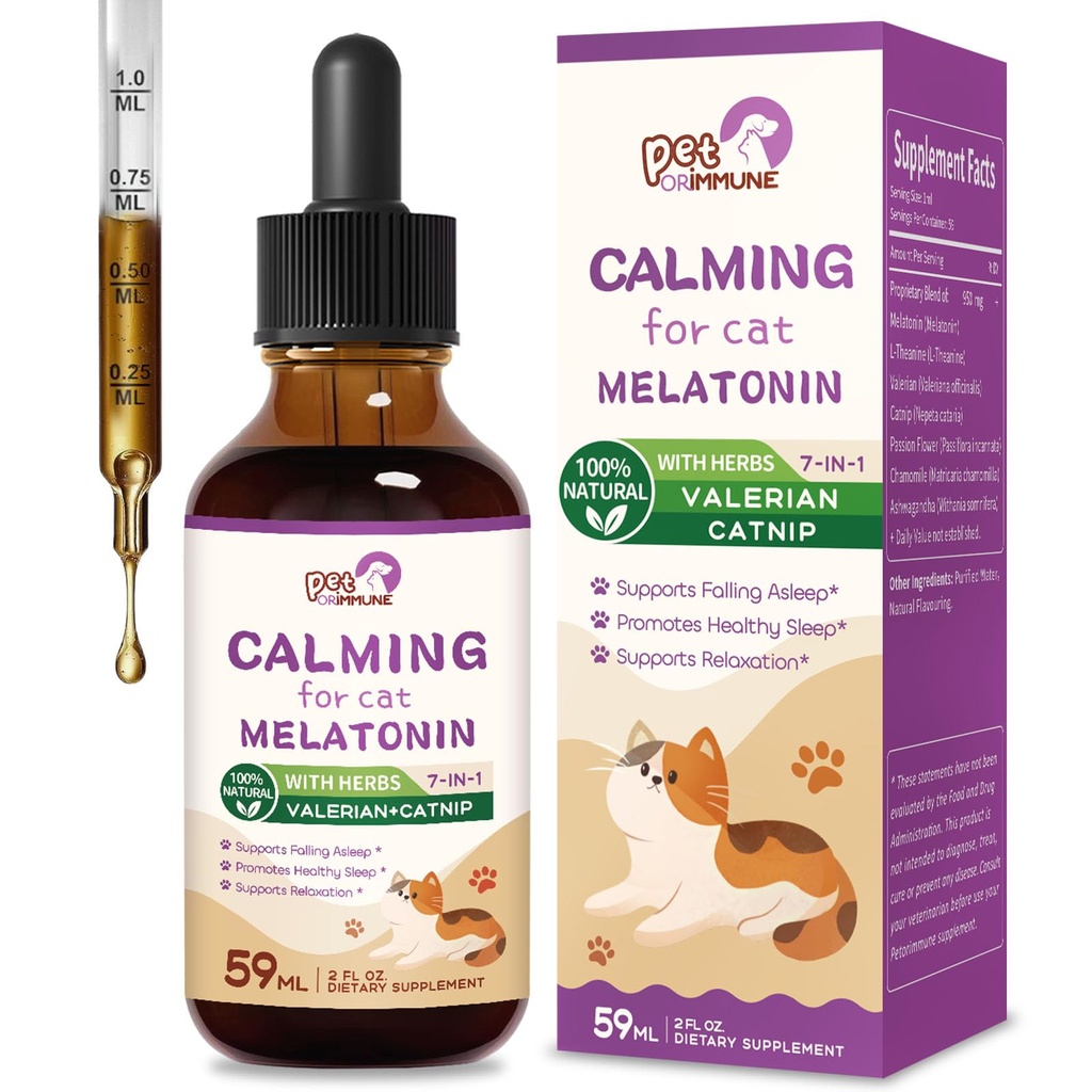 Cat Melatonín prírodné upokojujúce kvapky, podpora padajúce Asleep & zdravý spánok, bylinný extrakt Relaxácia Supplement s L-Theanine, Valerián, Catnip, mučenka kvety a harmančeka. 2 oz