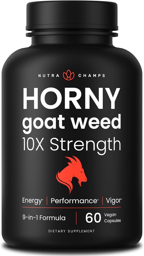 NutraChamps Horny Goat Weed, 1000mg Epimedium Energy Supplement, 10X Strength Icariin, Ginseng, Tribulus & Maca Pills for Women & Men, Enhanced Absorption with Black Pepper, 60 Vegan Capsules
