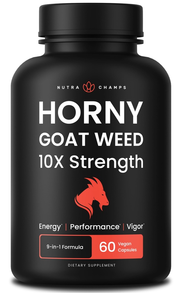 NutraChamps Horny Koza burina, 1000mg Epimedium Energy Supplement, 10X Sila Icariin, Ženšen, Tribulus a Maca Pills pre ženy a mužov, Vylepšená absorpcia s čiernym korením, 60 Vegan Kapsule