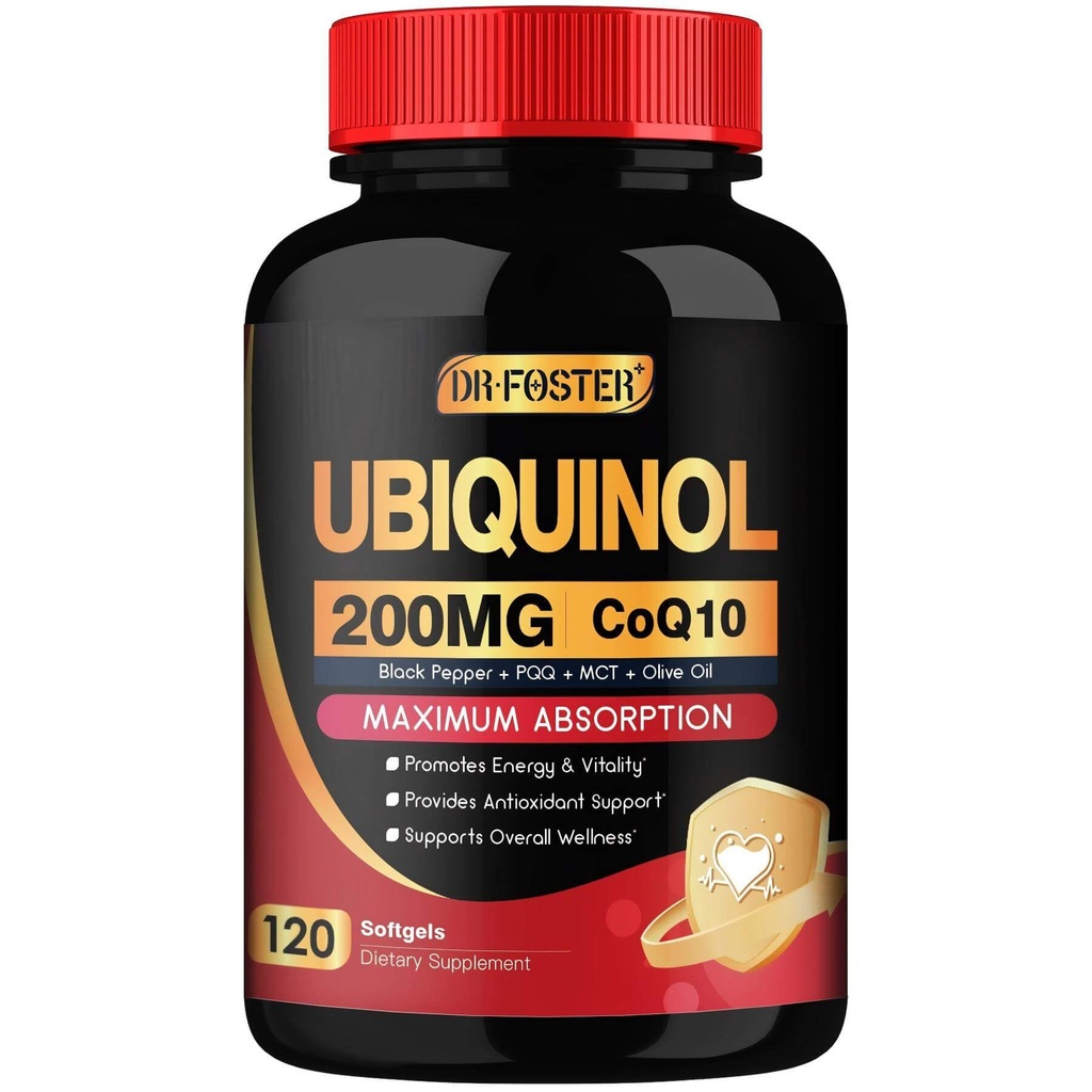 DRFOSTER Coq10 Ubichinol 200mg, Coq10 200mg Softgels, Max Absorbcia Ubichinol s vitamínom E & PQQ & Black Pepper, Výkonný antioxidant, 120 Softgels