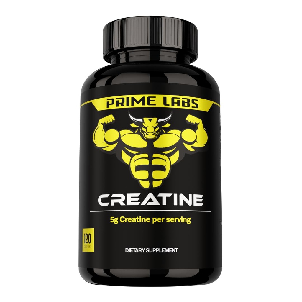 Prime Labs Kreatín Monohydrát Kapsule - 5g (5000mg) - Svalový rast, zotavenie, Mozog funkcie - pre mužov a ženy - 120 Počet