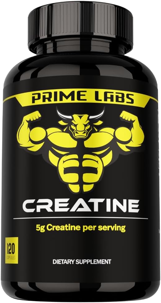 Prime Labs Kreatín Monohydrát Kapsule - 5g (5000mg) - Svalový rast, zotavenie, Mozog funkcie - pre mužov a ženy - 120 Počet