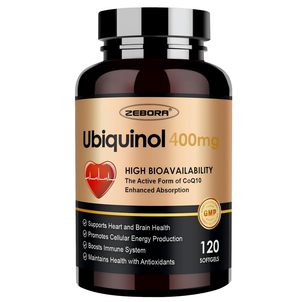 ZEBORA Ubichinol CoQ10 400mg Softgels with Vitamin C & Vitamín E & Selenium, Max-Absorpcia, 4-in-1 Výkonný antioxidant, podporuje zdravie srdca a výrobu energie,120 Softgels