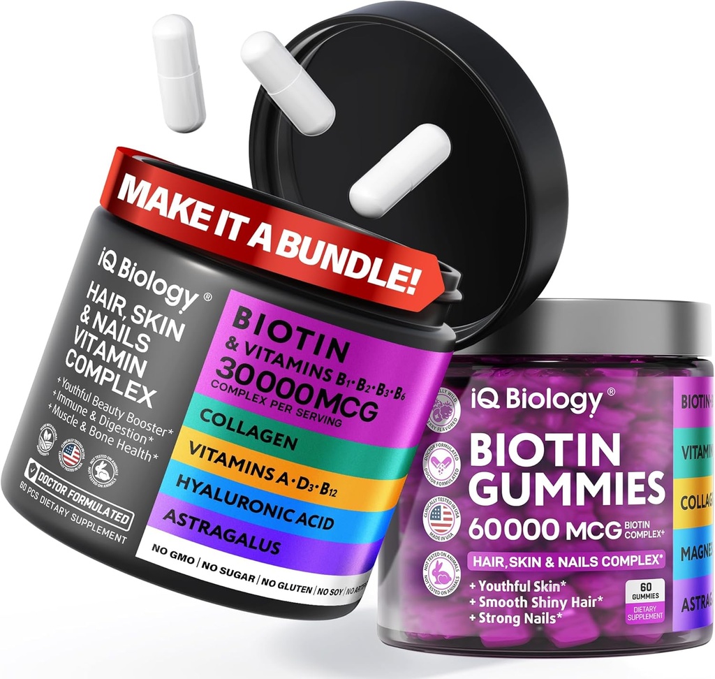 Biotín Rast vlasov Bundle - Biotín Vitamíny a keratín Kapsule + Vlasy Gummies s kolagénom a Astragalus - Vlasy Kožné nechty Vitamíny pre ženy a mužov 60 Caps + 60 Gummies