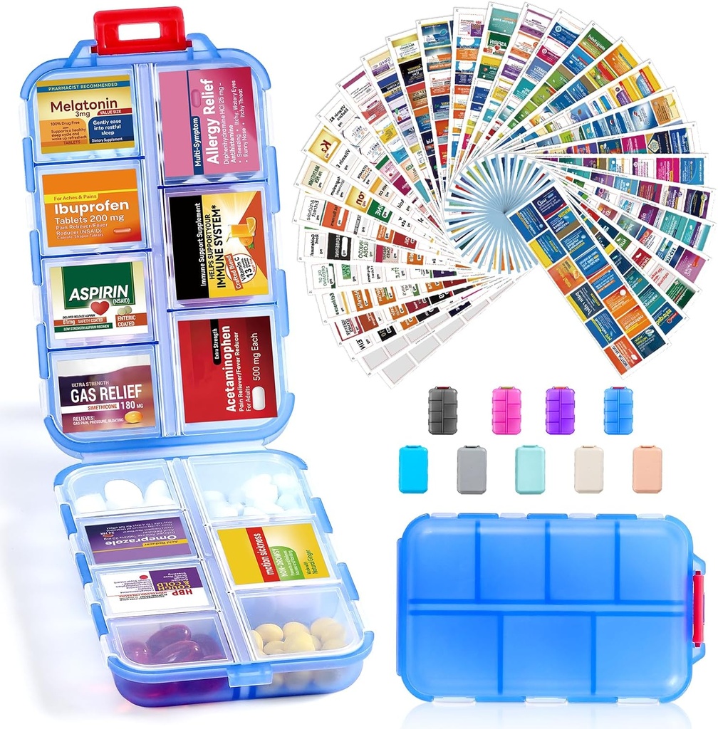 14 Grids Travel pilulky Organizátor box s 415-Pcs Názov lieku Etikety - Pocket Daily Pharmacy Case Kontajnerová súprava - Travel Mediciation Holder Dispenser for Fish Oil Vitamín Supplement Storage - Clear Blue