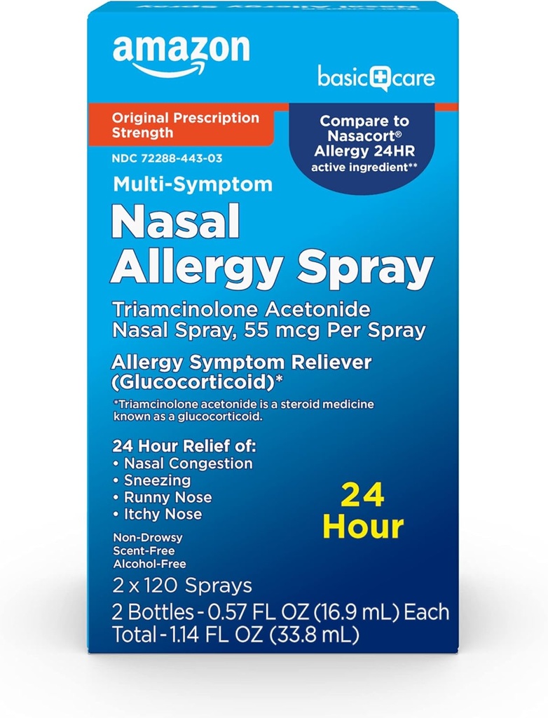 Amazon Basic Care Multi-Symptom Triamcinolón Acetonid Nosný Alergický sprej, 55 mcg, 0.57 fl oz (Pack of 2)