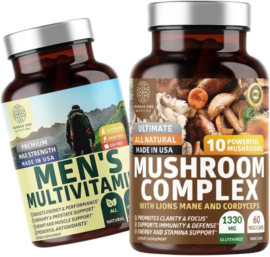 Number One Nutrition N1N Premium Mushroom Complex [10X Výkonný Huby] a pánske denné multivitamíny [35 silných zložiek], 2 balenia
