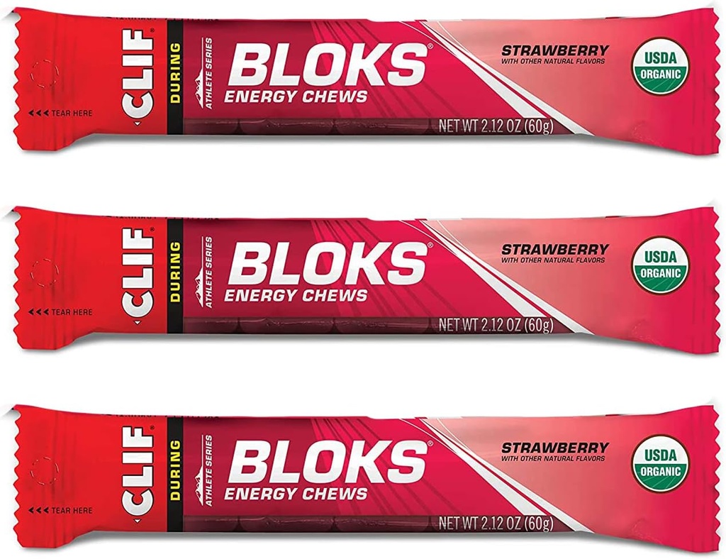CLIF BLOKY - Energetické žuvačky - Strawberry- Non-GMO - Plant Based Food - Fast Fuel for Cycling and Running-Workout Snack (2.1 Ounce Paket, 3 gróf)