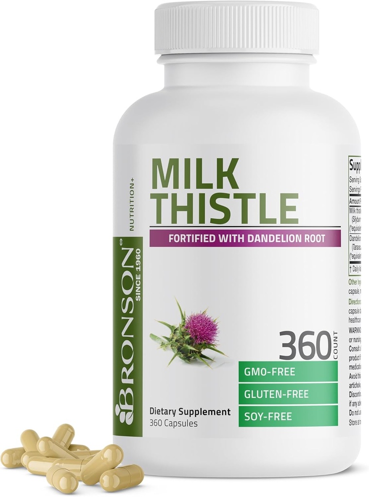Bronson Milk Thistle Silymarin Marianum & Dandelion Root Health Support, Antioxidant Support, Detox, 360 Kapsule