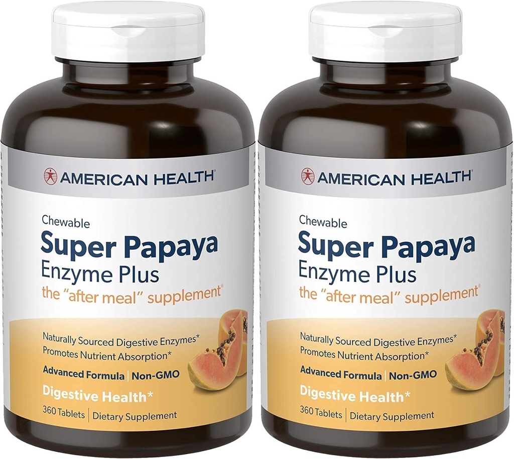American Health Super Papaya Enzyme Plus Žuvacie tablety, Natural Papaya Flavor - Podporuje vylučovanie a vstrebávanie živín, obsahuje Papain & Other Enzymes - 360 Počet - Balenie 2