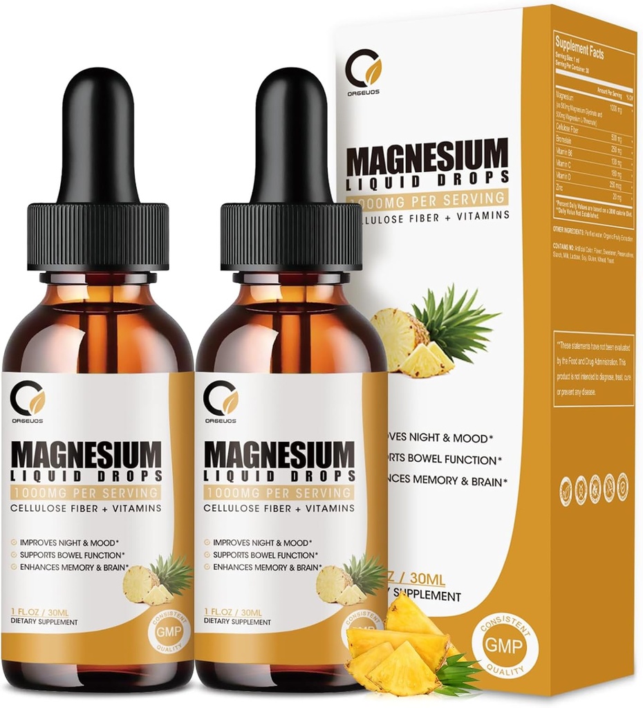 (2 balenia) Horčík Glycinát Supplement Tekuté kvapky pre ženy a mužov, 1000 mg vysoká absorpcia s hypromelóza, vitamín C, B6, D, zinok, pre pokojnú relaxáciu svalovej hmoty, Bowel Energy, Ananásová príchuť