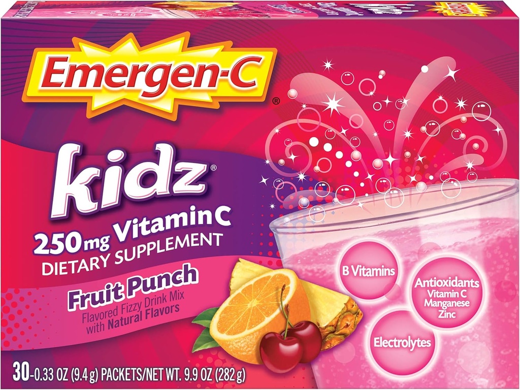 Emergen-C Kidz 250mg Deti Vitamín C prášok, kofeín bez, Imunitná podpora Nápoj Mix, ovocná Punch chuť - 30 Počet/1 Mesiac Dodávka