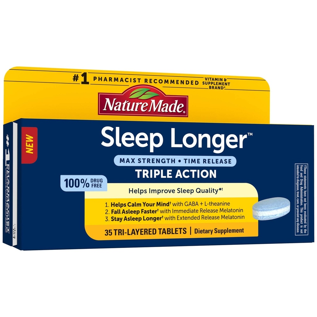 Nature Made sleep longer, Melatonin 10mg Time Release Tri-Layer Tablets, pomáha zlepšiť kvalitu spánku, klesá Asleep Rýchlejšie, zostať Asleep Dlhšie, L-Theanine a GABA pomôcť upokojiť svoju myseľ, 35 tabliet
