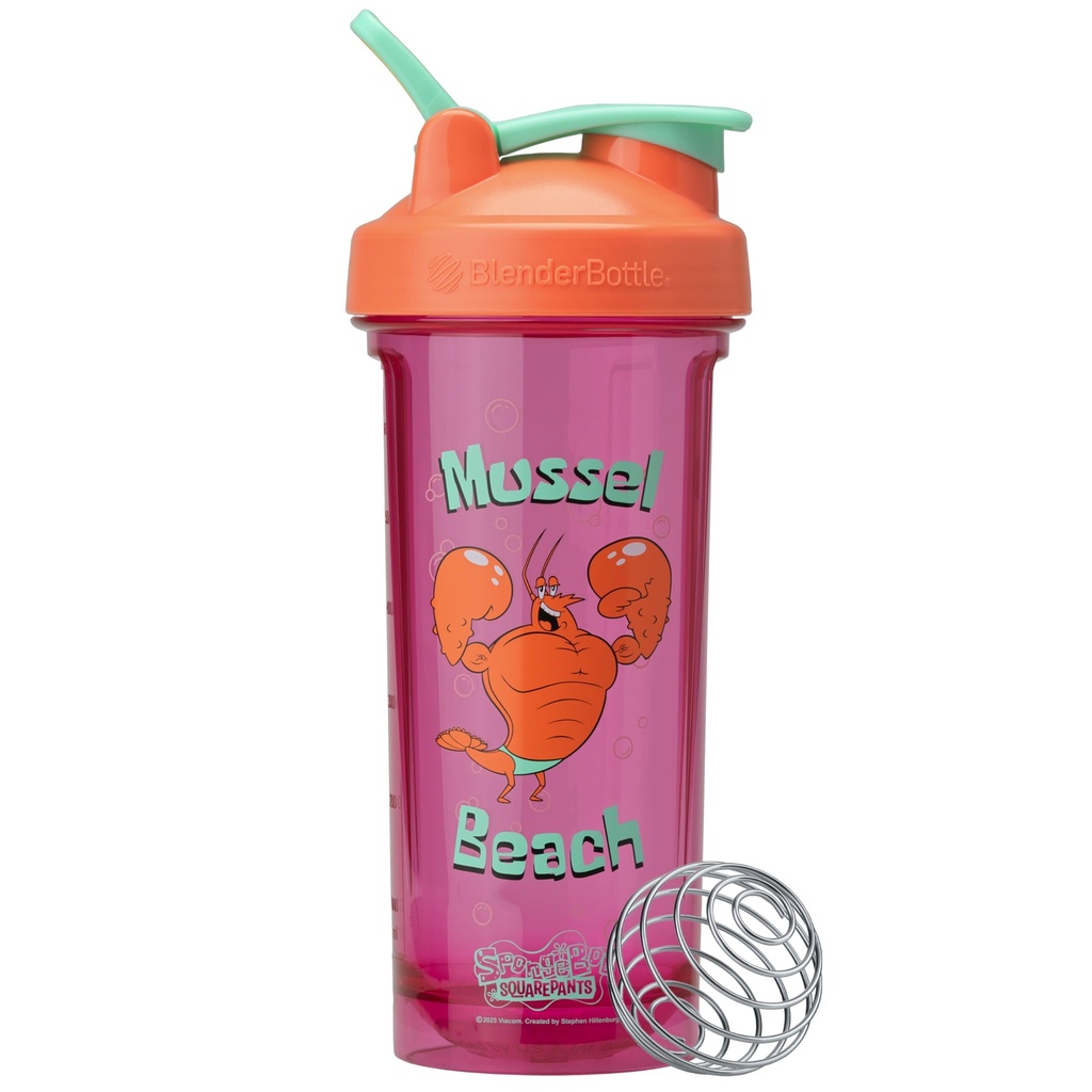 BlenderBottle Spongebob Shaker Bottle Pro Series Perfect for Protein Shakes and Pre Workout, 28-Ounce, Orange/Pink, Mussel Beach