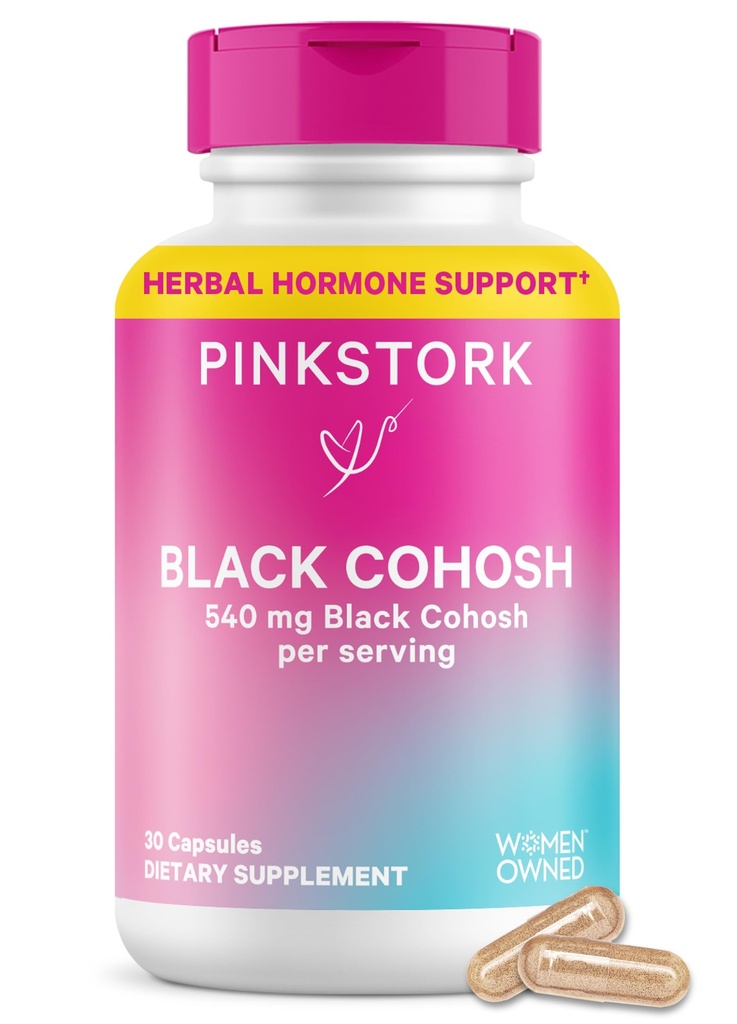 Pink Stork Black Cohosh Doplnky pre ženy - 540 mg Pure Black Cohosh od Perimenopauza, Menopauza Support- 30 kapsúl