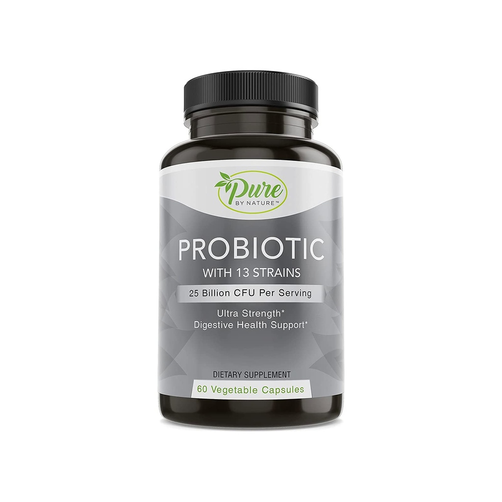 Pure by Nature Probiotiká pre ženy a mužov, 13 kmeňov s 25 miliardami CFU, probiotiká pre tráviace zdravie, zdravie Gut, Imunitná podpora, Bloating & Coconbace, Vegan & Shelf- Stable, 60 kapsúl