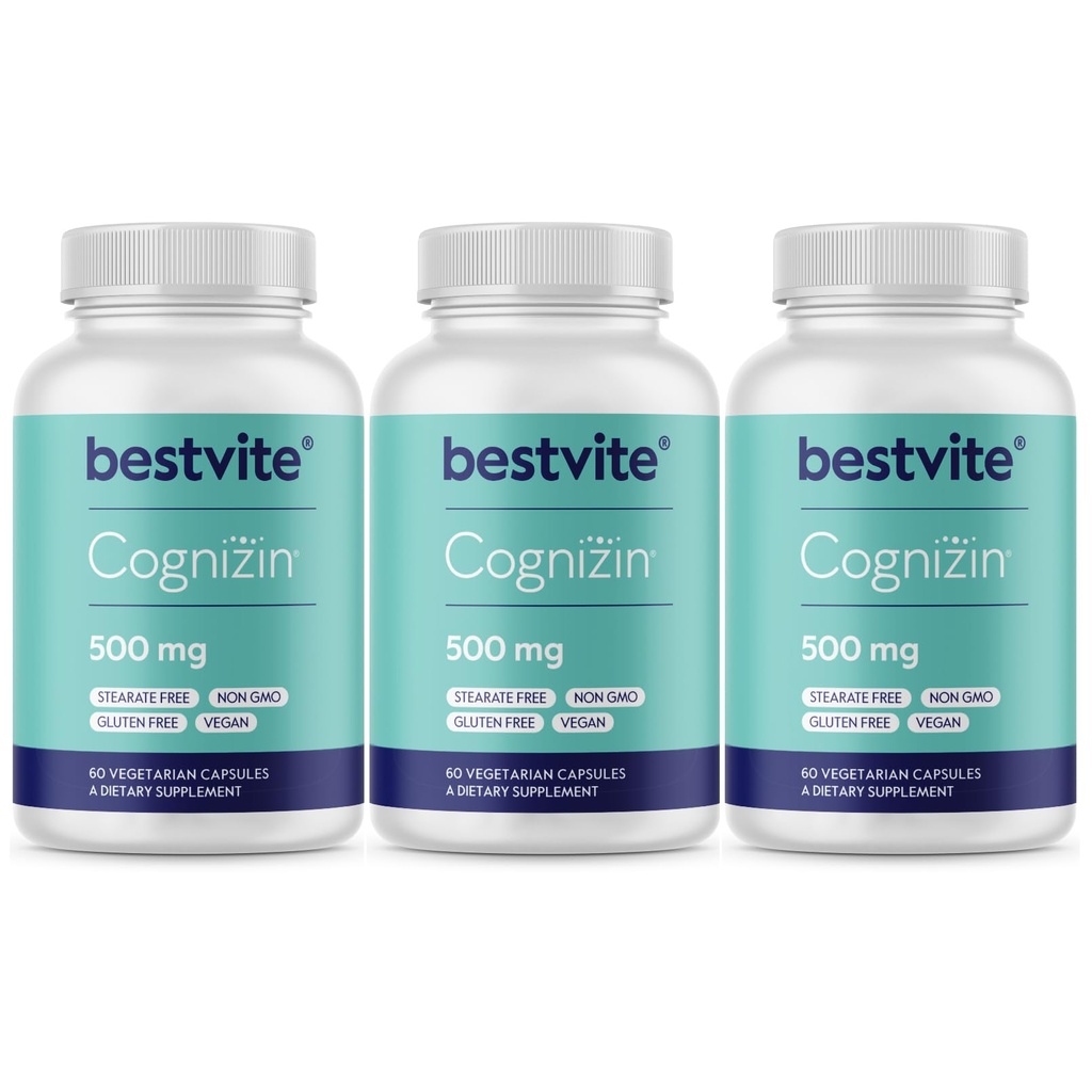 BESTVITE Cognizin Citicoline 500mg (180 Vegetariánske kapsuly) (60x3) - Klinicky študovaný Premium Choline Nootropic - Žiadne stearates - Vegan - Gluten Free - Brain Doplnky pre pamäť a zaostrenie