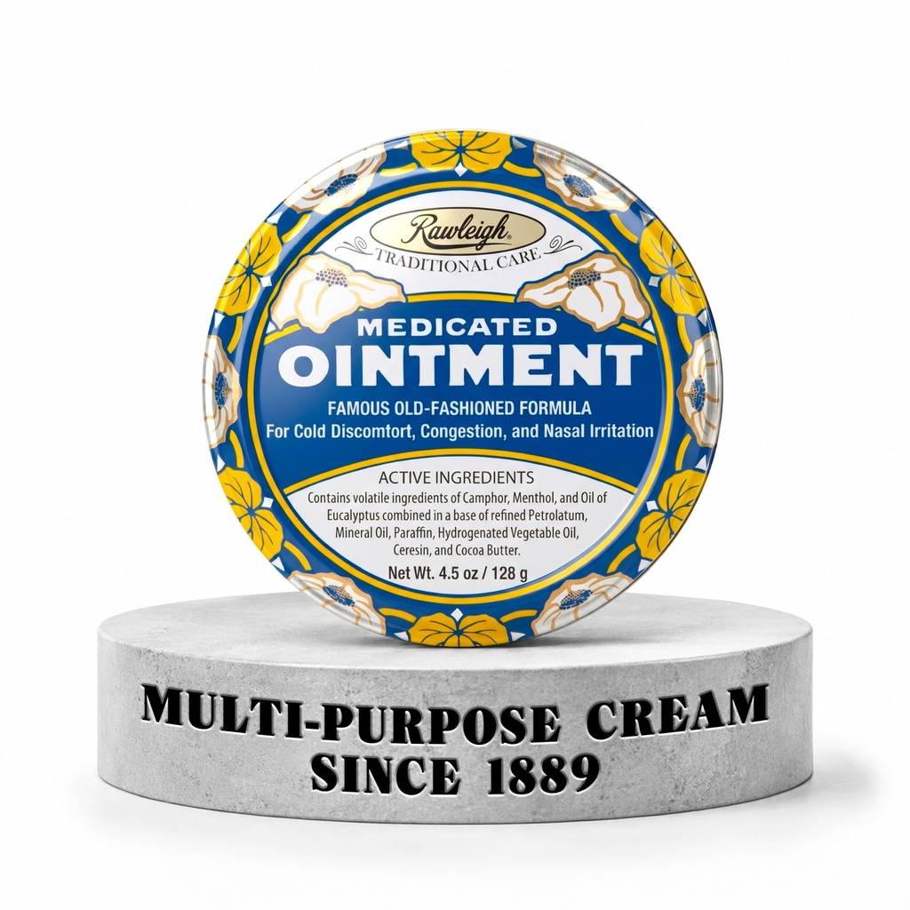Rawleigh medikovaná masť: 4.5 oz Blue Tin, dospelí a deti: Topická hruď rub pre studené, nosové kongescie, menšie bolesti a bolesti, s gáforom, mentol & Eucalyptus, non-Greasy Formula - balenie 1