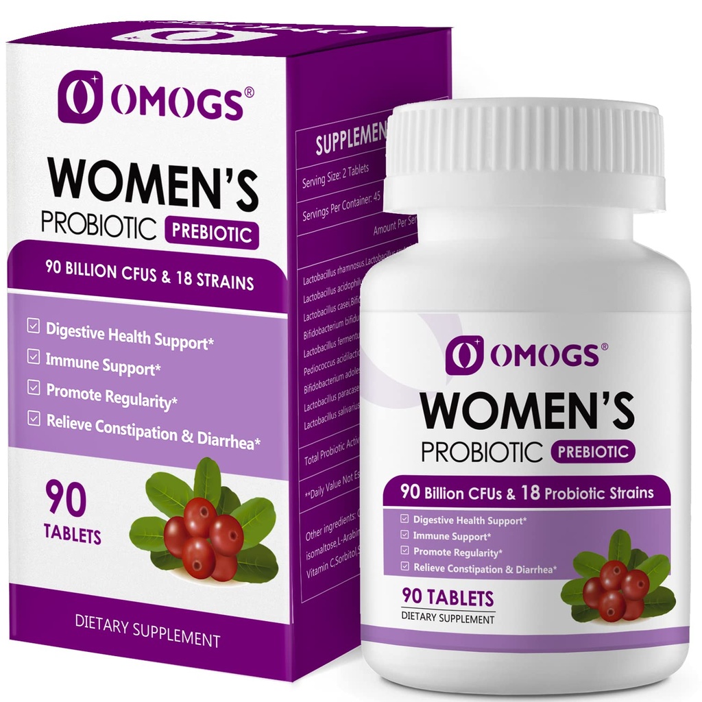 OMOGS Ženské probiotiká s extraktom z brusníc, organickými prebiotikami a vitamínom C, 90 miliárd CFU, 18 kmeňov, pomoc pri posilnení imunitného, tráviaceho, Gut Health & Women's Health, Gluten & Soy Free,90 tabliet