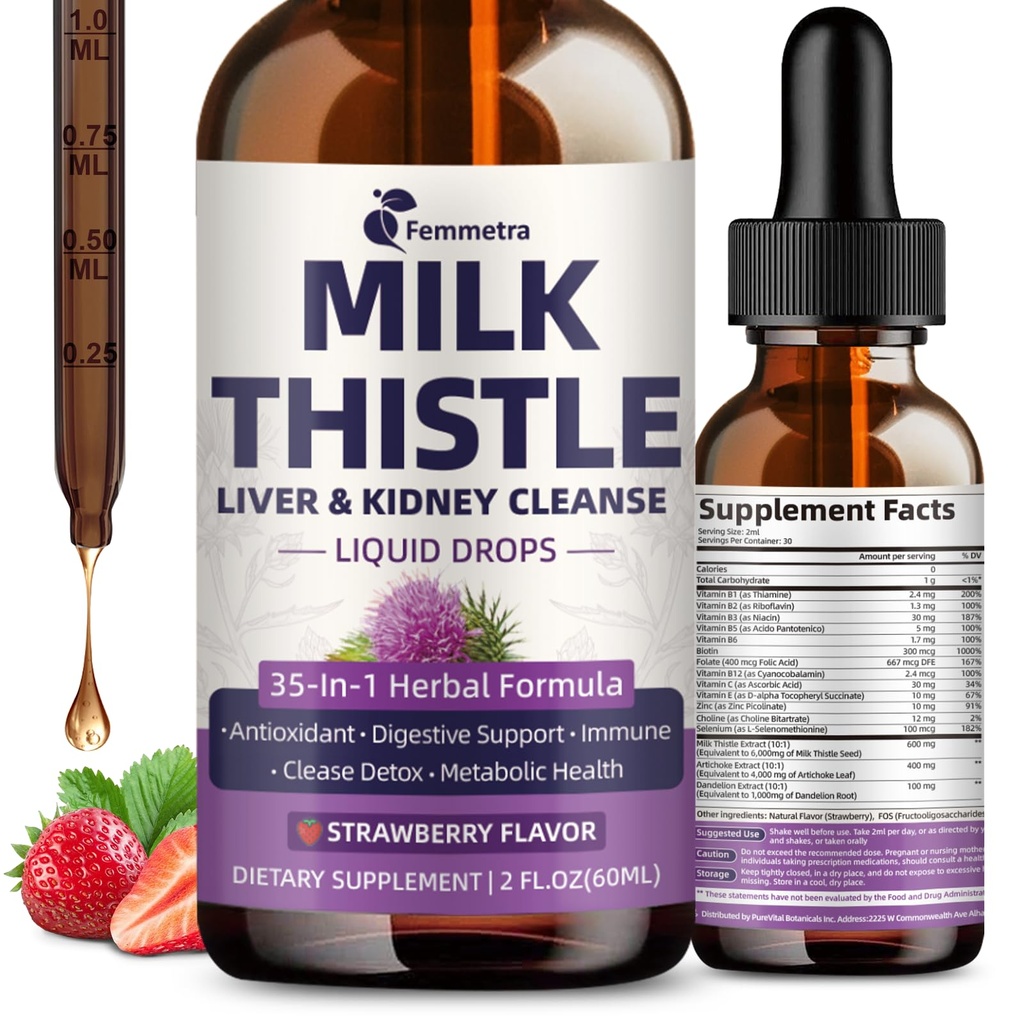 Milk Thitle Extract Tekuté kvapky na čistenie pečene Detox a opravy, 35-IN-1 Podpora pre obličky Supplement with Artičok a púpava pre močové tract, Bladder, Vegan, Non-GMO, Jahodová aróma, 2 FL OZ