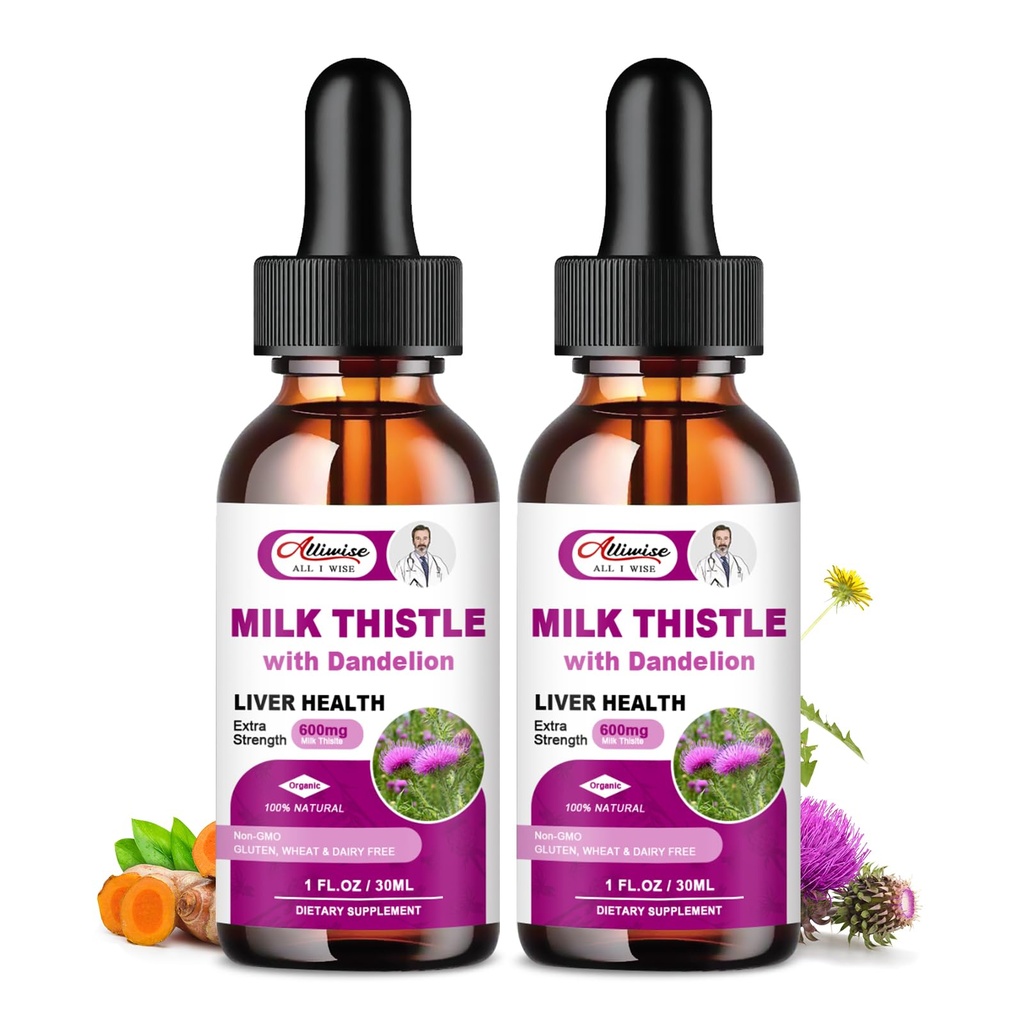 Pečeň Zdravotná podpora Tekutina 2 Balenie, 600mg Mlieko Thitle 80% Silymarin Extract & 250mg Púpava Root Extract, Pečeň Clean Detox & Repair Tučný Pečeň Vzorec, Vegan, Non-GMO a All-Natural