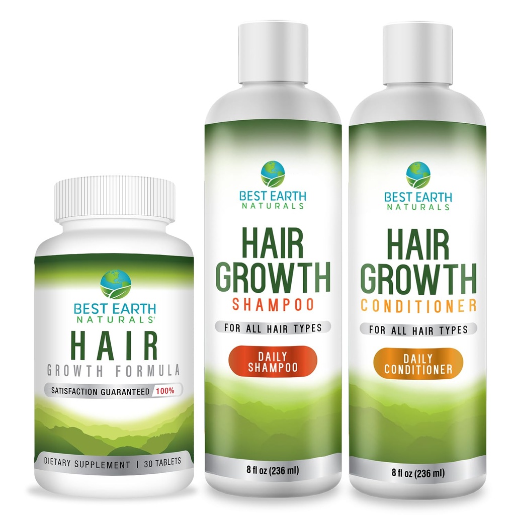 Best Earth Naturals Hair Growth Starter Set with Hair Growth Vitamins, Shampoo and Conditioner
