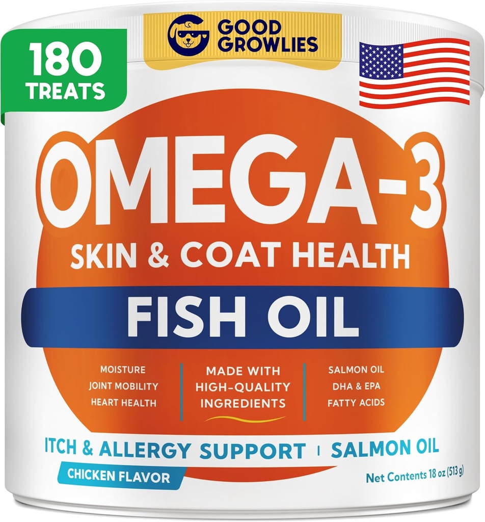 Omega 3 Fish Oil for Dogs (180 Ct) - Skin & Coat Chews - Dry & Itchy Skin Relief + Allergy Support - Shiny Coats - EPA&DHA Fatty Acids - Natural Salmon Oil Chews Promotes Heart, Hip & Joint Support