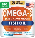 Omega 3 Rybí olej pre psy (180 Ct) - Žuvačky pre kožu a pleť - Úľava pre suchú a svrbujúcu pokožku + podpora alergií - mastné kyseliny EPA&DHA - Žuvačky pre prírodný lososí olej podporuje srdce, hip a spoločnú podporu