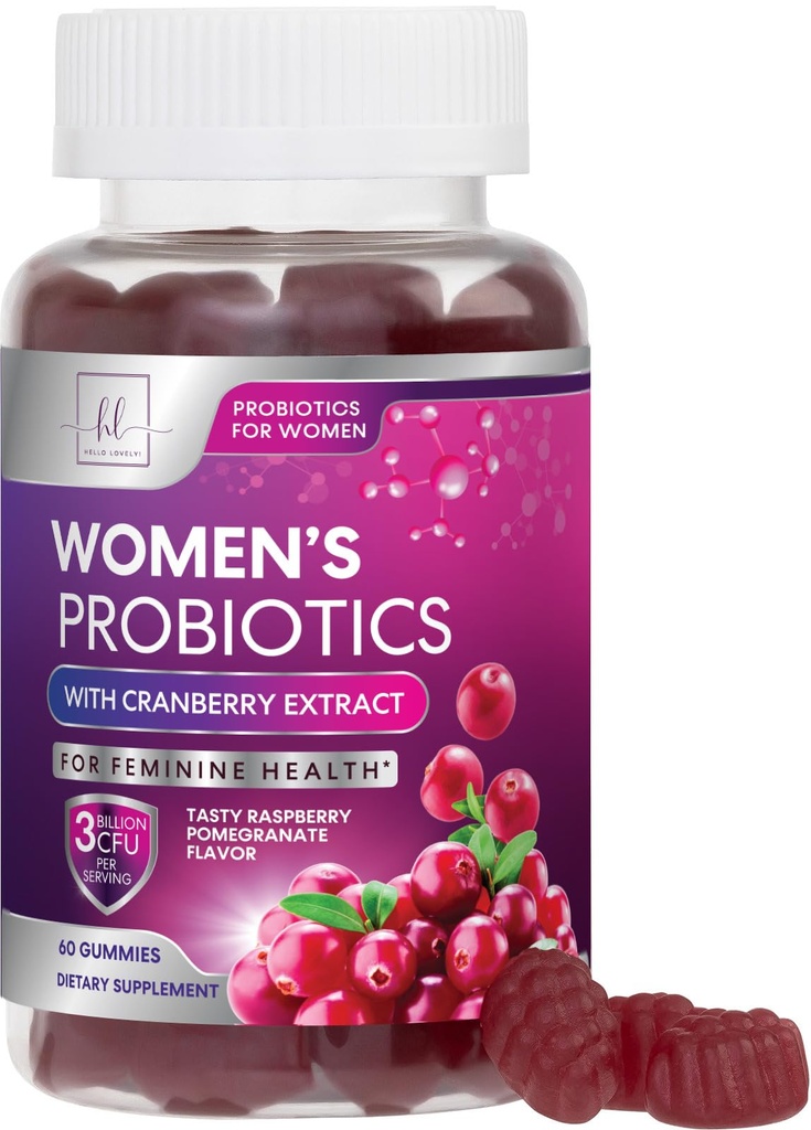 Probiotiká pre ženy Gummy s brusnicou - 6 Prémiové kmene pre rovnováhu PH - Ženy Probiotiká pre trávne zdravie, Vaginálna a imunitná podpora, Ženské probiotiká Feminine Health Gummy - 60 Gummy