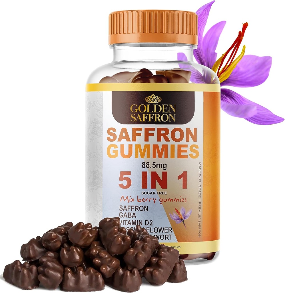 GOLDEN SAFFRON, Saffron Gummies obsahuje 88,5 mg. Pure Saffron Extract + GABA, vitamín D2, mučenka kvetu a svätého Jána bodkovaný, pre Holistic Wellness,Cheries Flavor Vegan