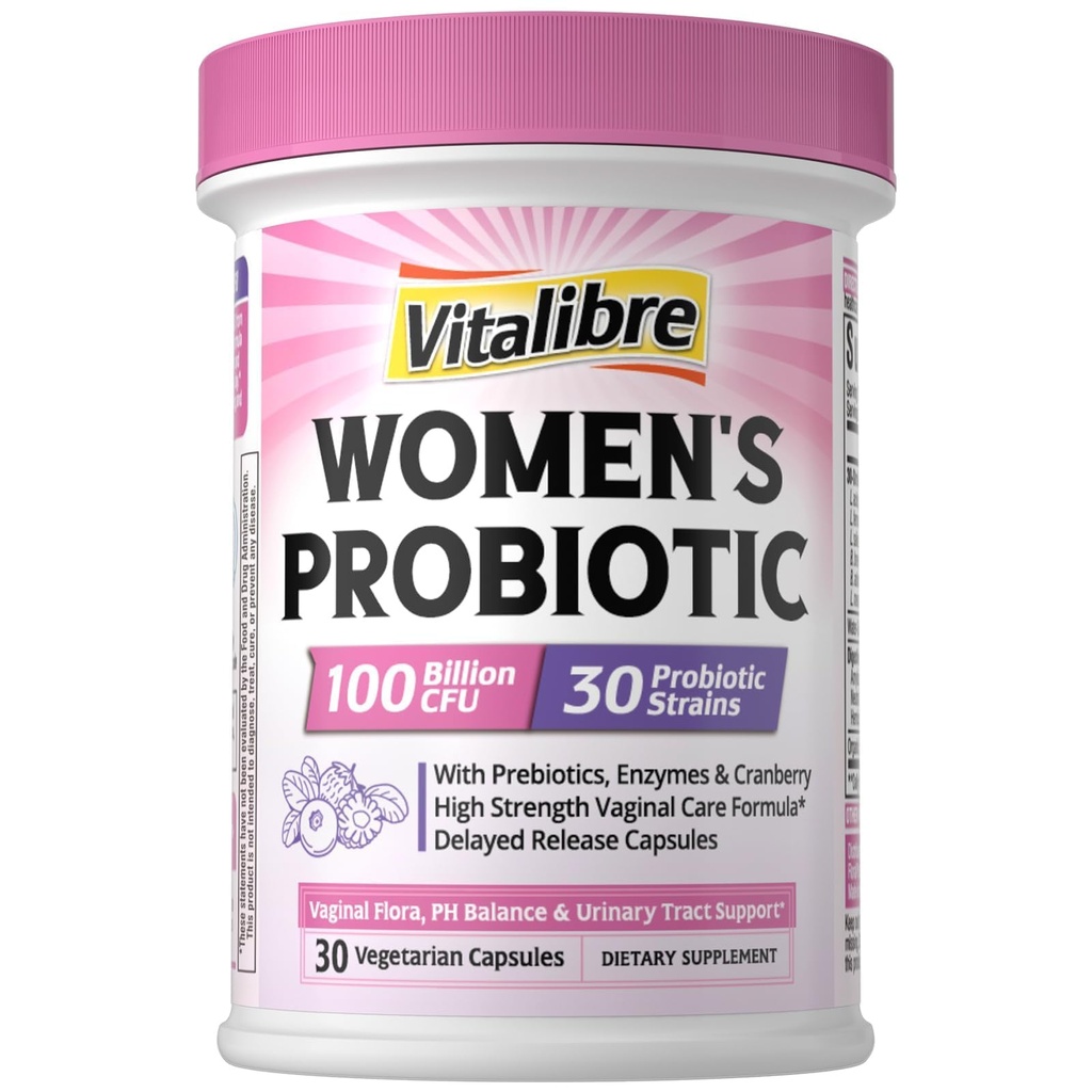 Vitalibre Probiotiká pre ženy 30 kmeňov, 100 miliárd CFU Vaginálne probiotiká s tráviacimi enzýmami, prebiotiká a brusnice pre zdravie močových ciest, rovnováha pH, 30 Veggie Kapsule