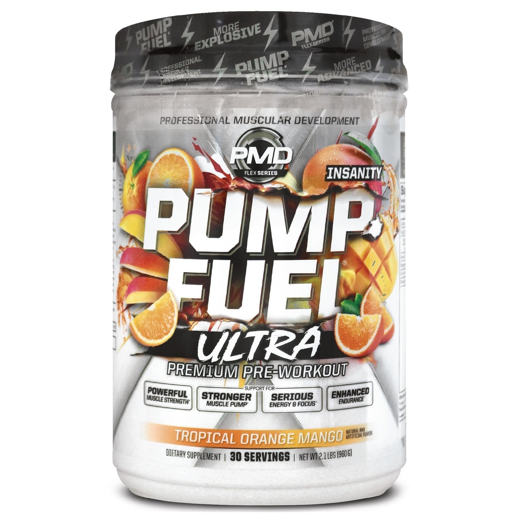 PMD športové čerpadlo palivo Ultra šialenstvo - Premium Pre Cvičenie Powder & Muscle Pump, väčšie zameranie, Vytrvalosť a zotavenie, Premium Creatine, Arginine & Beta Alanine, Tropical Orange Mango (30 Servings)