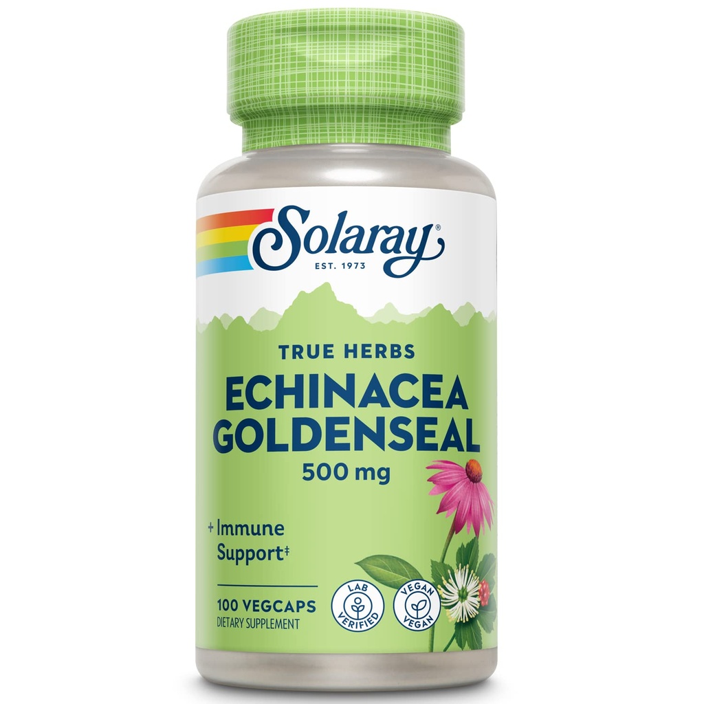 SOLARAY Echinacea Goldenseal - Výkonný zmes dvoch bylinných doplnkov pre Wellness - 250mg Ea Echinacea Root a Goldenseal Root - Non GMO, Vegan, Gluten Free, 60-dňová záruka, 100 Servings