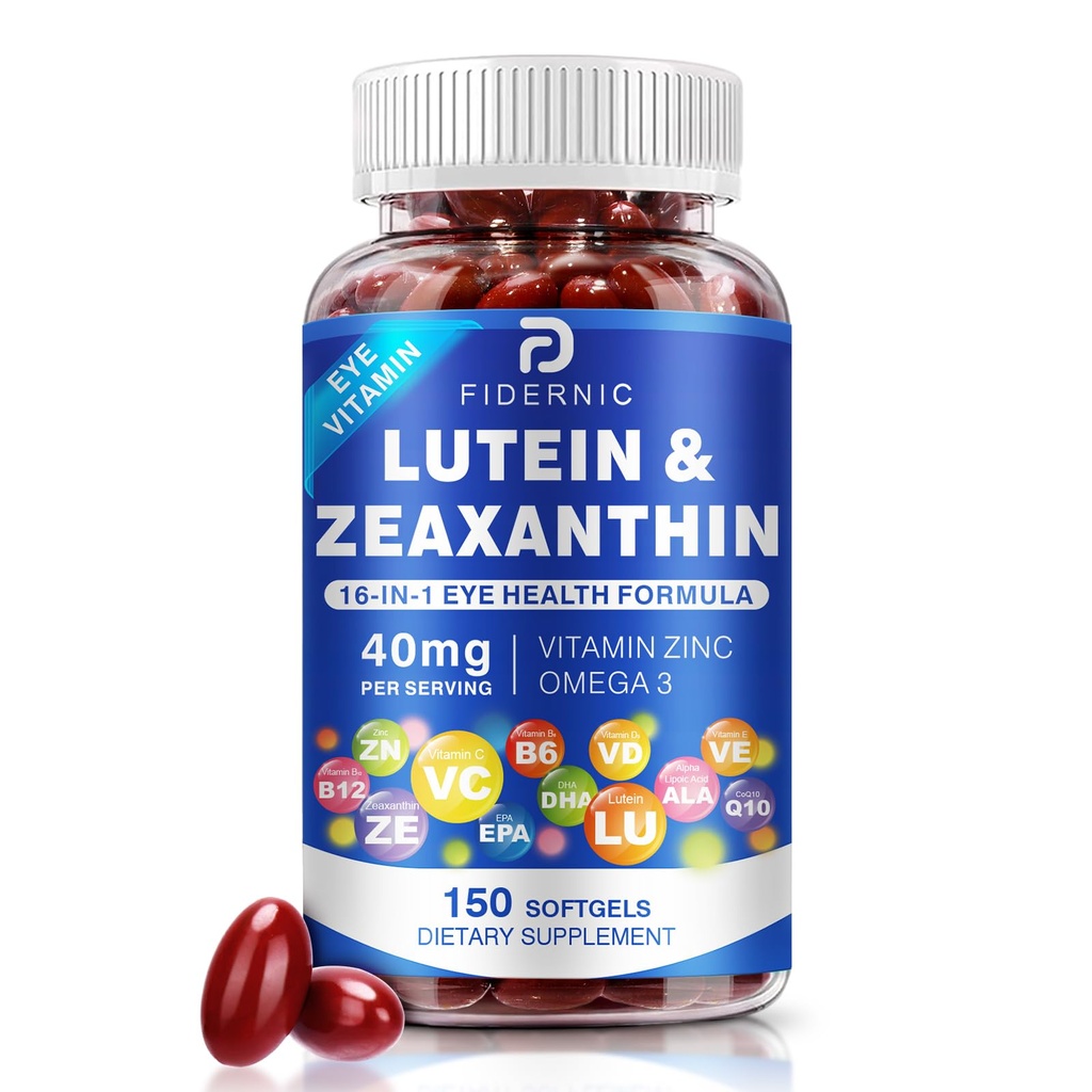 Luteín a Zeaxantín doplnok - AREDS 2 Plus+ Očné vitamíny, 40 mg luteínu & 8 mg Zeaxantínu s vitamínmi C, E, zinku, Omega-3 & CoQ10 pre ochranu modrého svetla, podpora zdravia očí - 150 softgelov