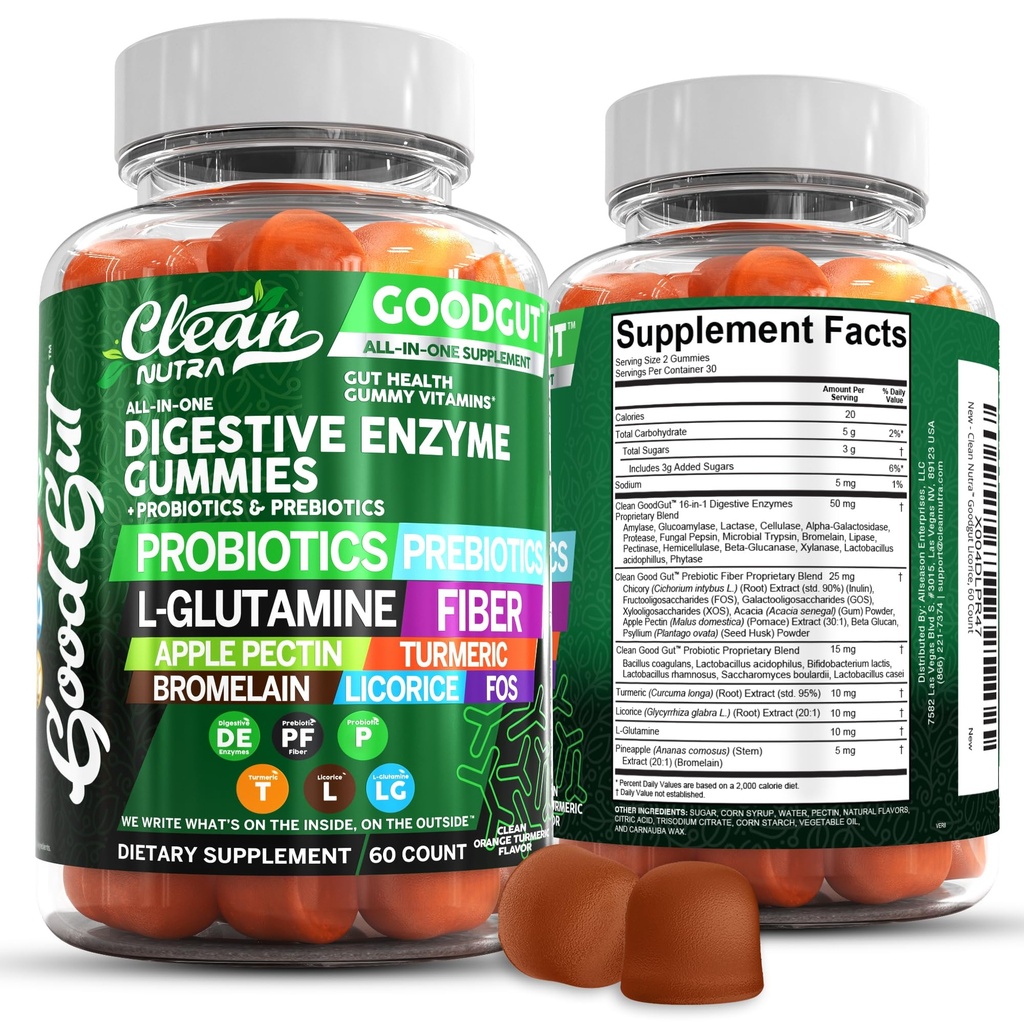 Clean Nutraceuticals Digestive Enzymes with Probiotics & Prebiotics for Digestive Health Gummies & L-Glutamine for Gut Health Bromelain Apple Pectin Inulin FOS Plant Based Vegan Gummy Vitamíny