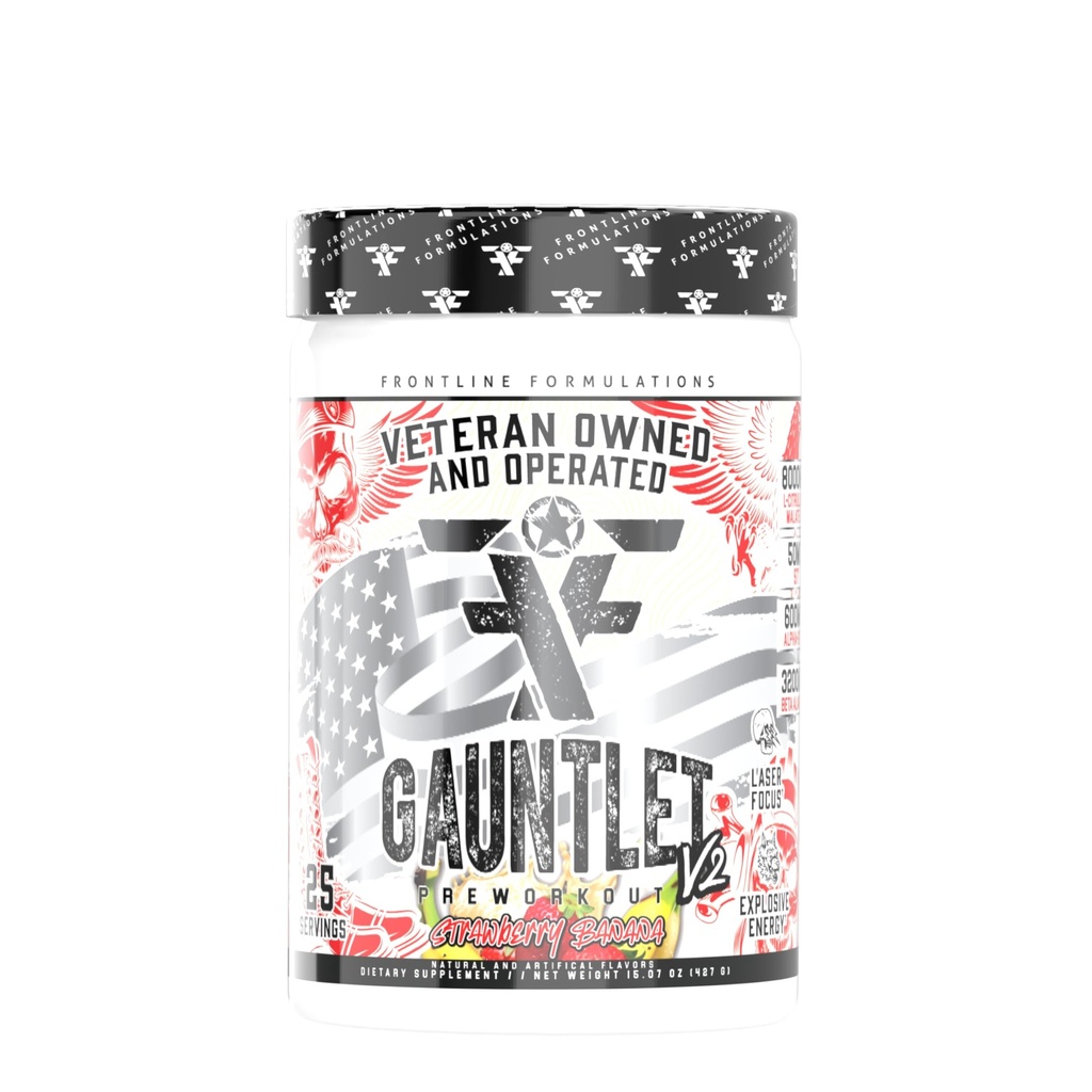 Gauntlet Predprášok, Výbušné cvičenia, Laser Focus, Mid Stim, Úžasná chuť, Veteran Vlastný a operovaný, Balenie mája (25 Slúži, Jahodová Banana)