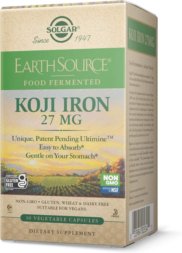 Solgar Earth Source Food Fermented Koji Iron 27mg, 30 Rastlinné kapsule - Vyššia absorpcia, Slow-Release Železo - Jemne na Žalúdok - Non-GMO, Vegan, Gluten Free, Dairy Free, Košer - 30 Slúži
