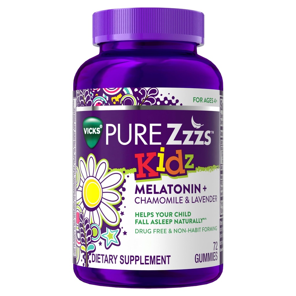 PURE Zzzs Kidz, Kids Melatonin Gummy, Sleep Aid, Nízke množstvo Melatoninu pre deti, s harmančekom a levandule, Melatonin 1 mg, Melatonin Gummy Deti, Berry Ochutené, 72 Sleep Gummies