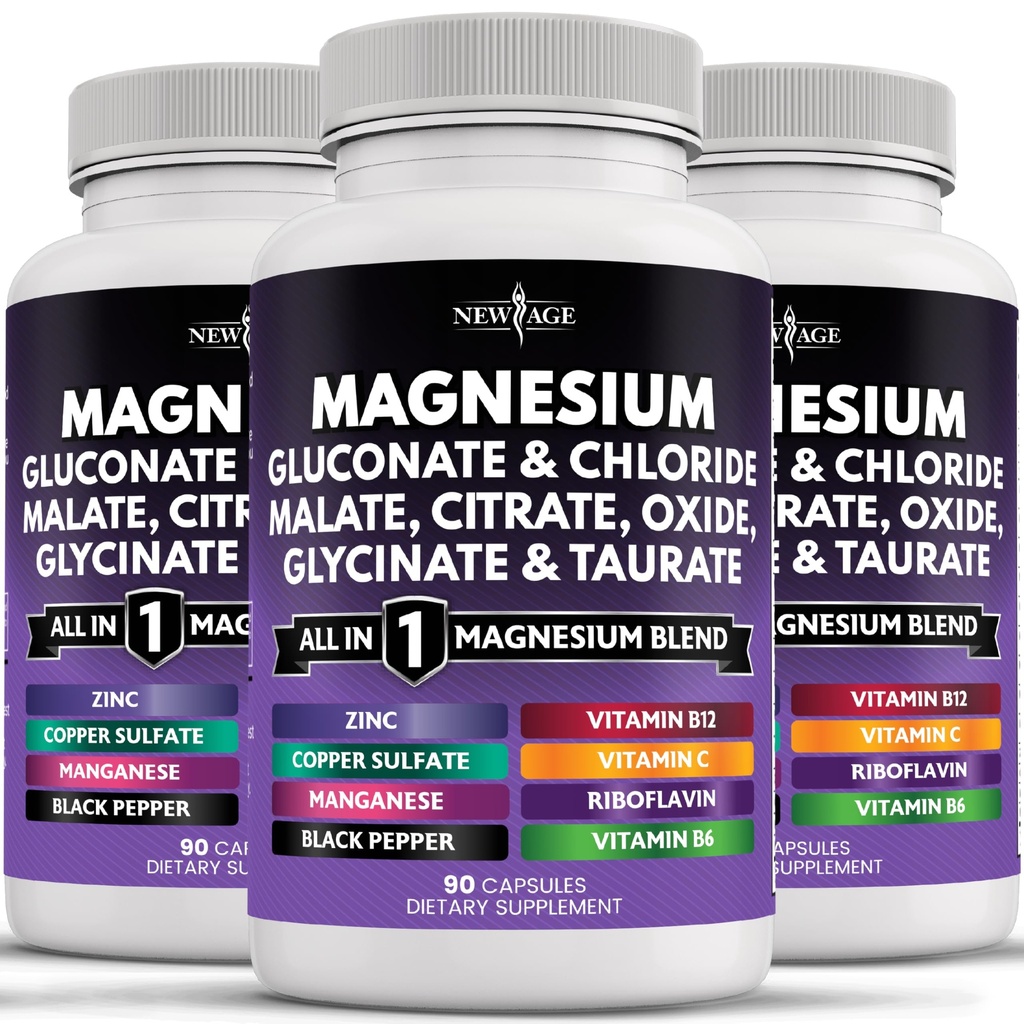 NEW AGE Magnézium Supplement -Powerful Glycinate Citrate Malate Oxide Taurat Aspartate Glukonát Orotát a Mag Chlorid Mangane Bone Health and Bone Strength, Joint Support- 270 Počet